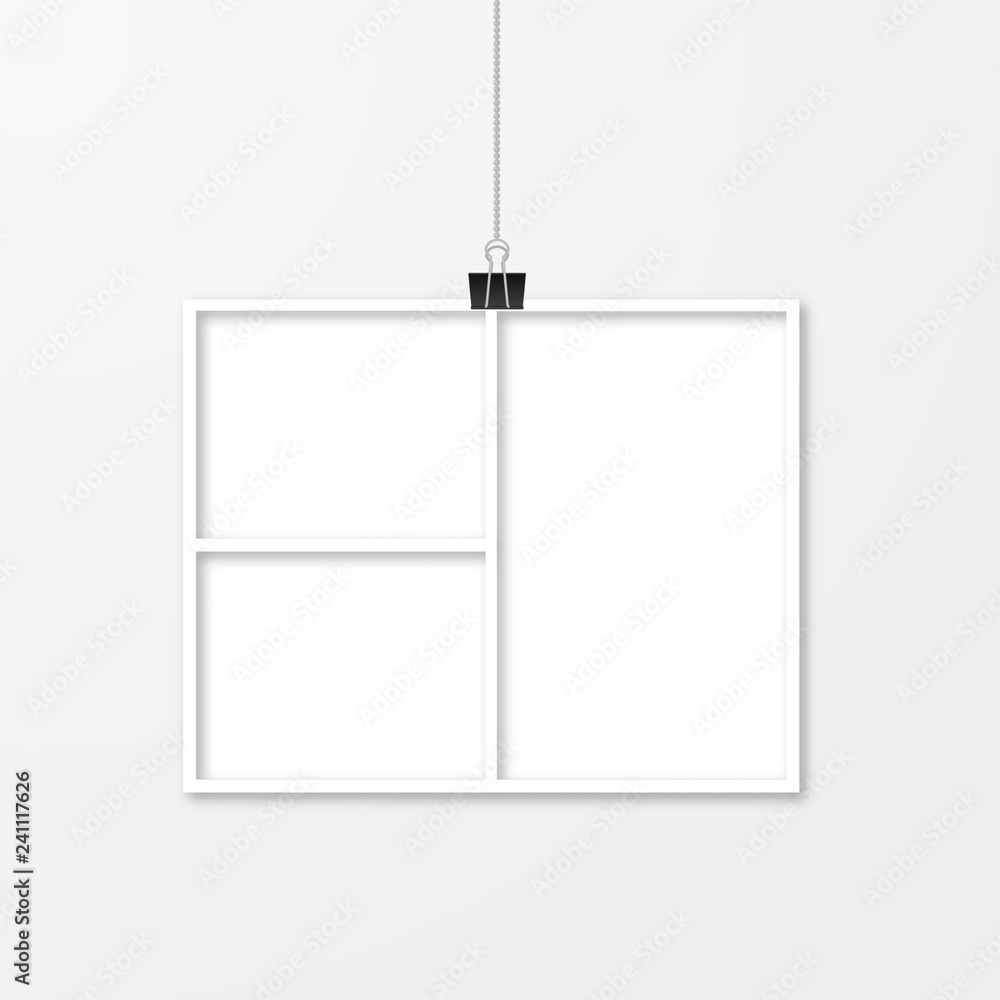 Realistic photo frame hanging with binder clips. Paper cut image ...