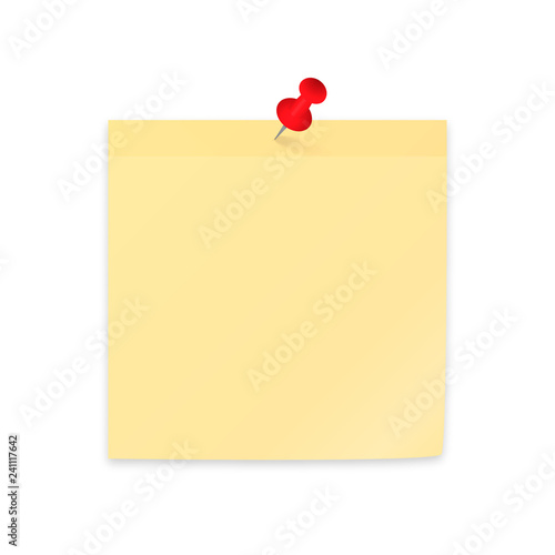Yellow sticky note paper clipping with red push pin. Empty sticker and pushpin isolated on white. Stationery vector illustration.