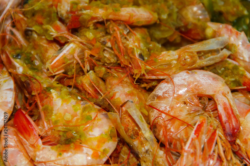 Close-up of baked shrimps. Food background