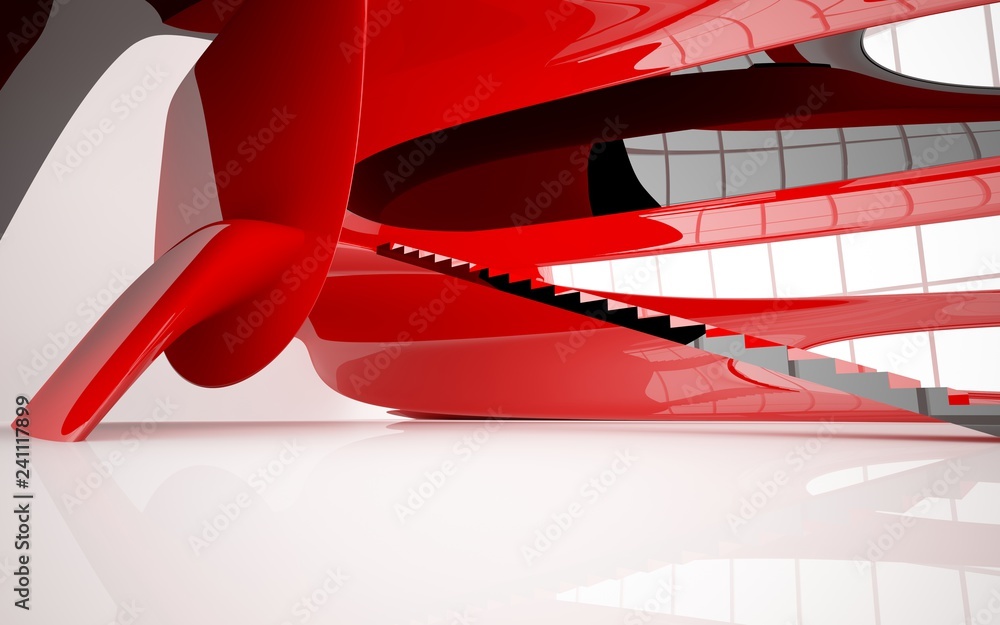 Abstract white and red gloss interior multilevel public space with window. 3D illustration and rendering.