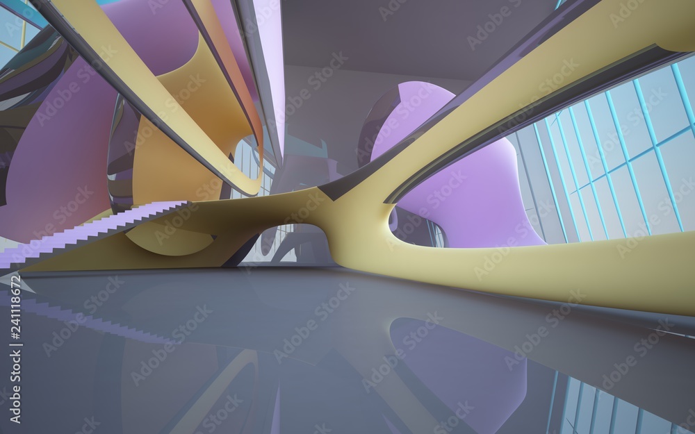 Fototapeta premium Abstract white and colored gradient parametric interiorwith window. 3D illustration and rendering.