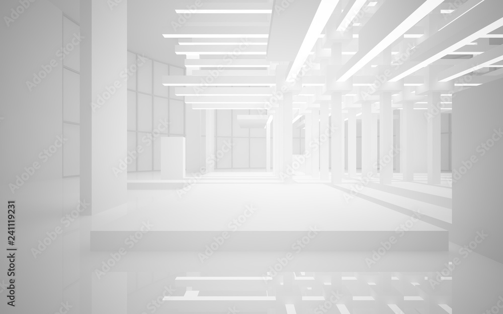 Fototapeta premium Abstract white interior of the future, with neon lighting. 3D illustration and rendering
