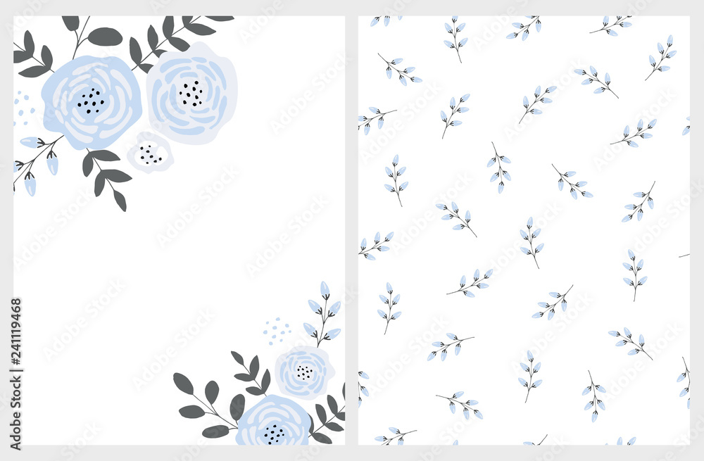 Lovely Blue Bouquet Vector Card and Floral Pattern. Blue Abstract Flowers Gray Twigs and Leaves. Infantile Style  Design. White Background. Funny Floral Art Set.
