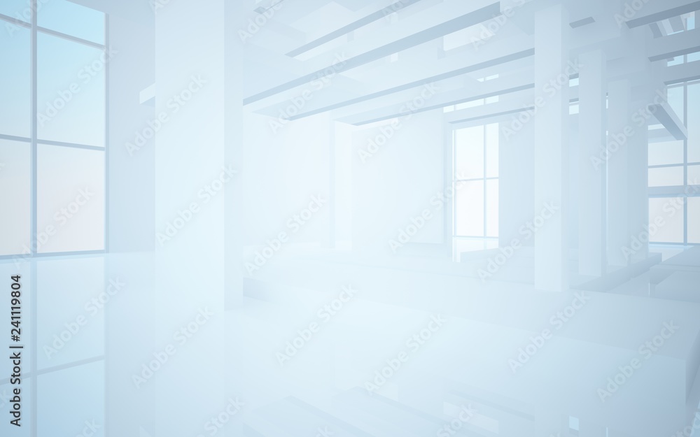 Obraz premium Abstrakcyjne białe wnętrze podkreśla przyszłość. Tło architektoniczne. Ilustracja i renderowanie 3D