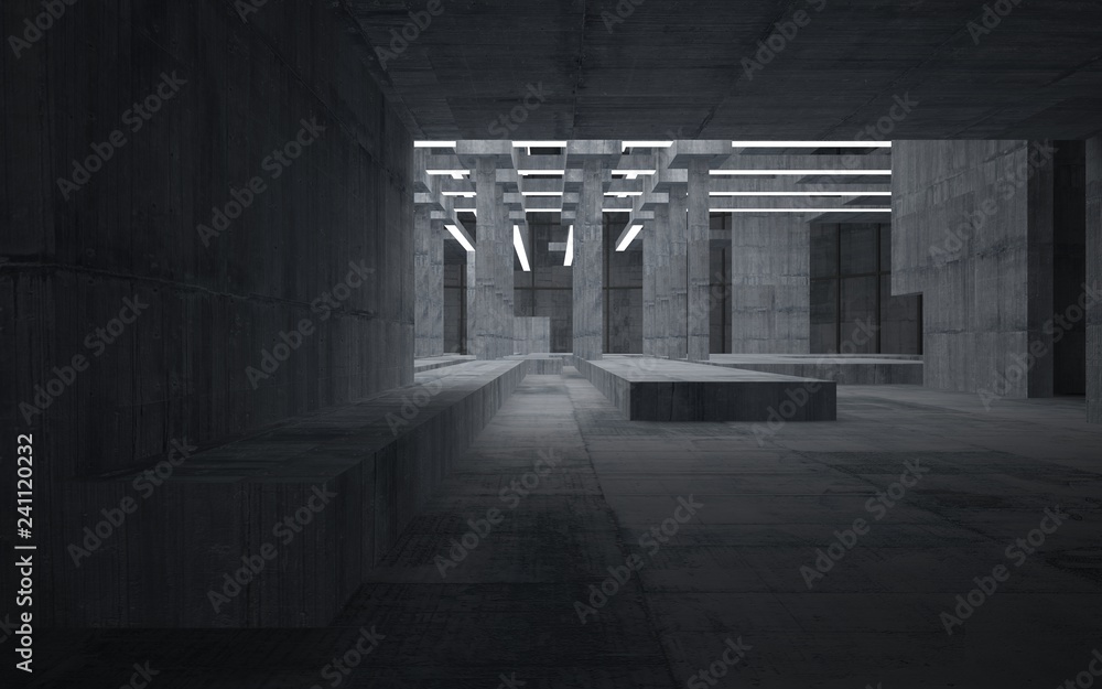 Abstract concrete interior with neon lighting. 3D illustration and rendering.