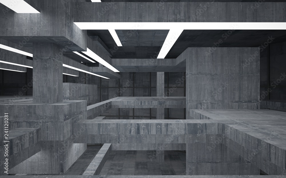 Abstract concrete interior with neon lighting. 3D illustration and rendering. Abstract concrete interior with neon lighting. 3D illustration and rendering.