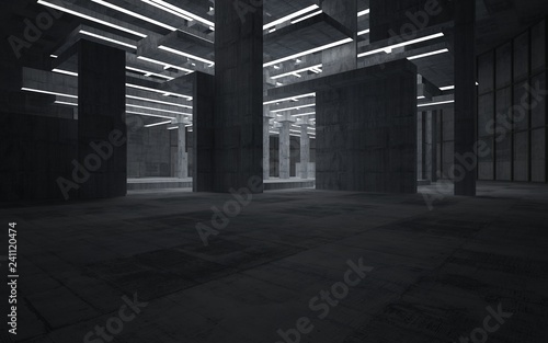 Abstract concrete interior with neon lighting. 3D illustration and rendering.