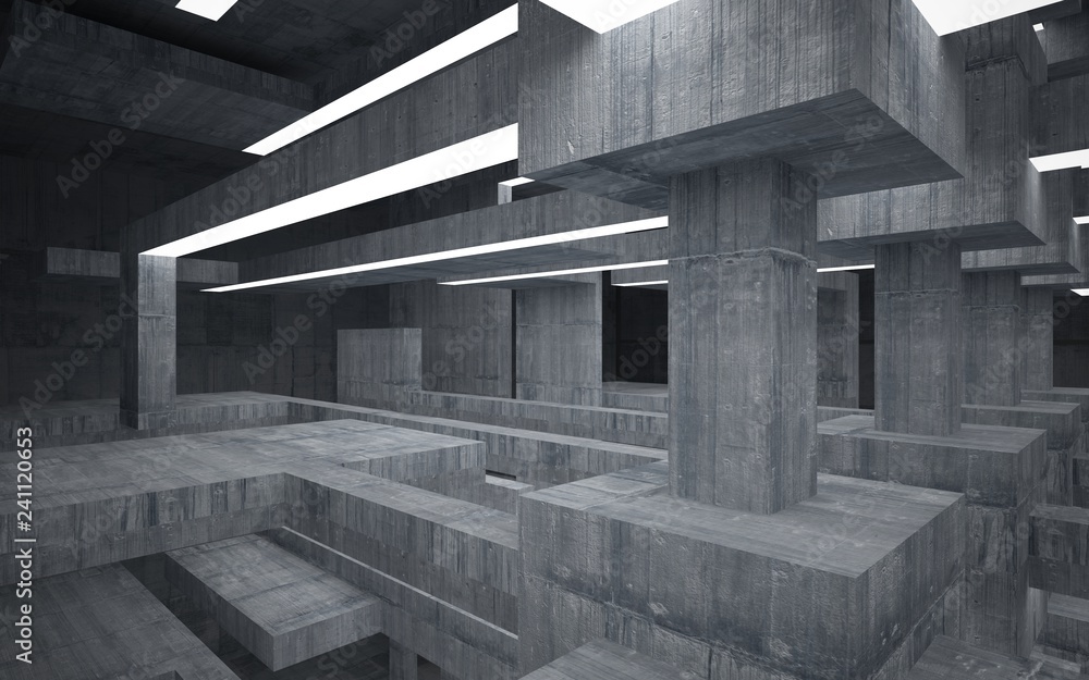 Abstract concrete interior with neon lighting. 3D illustration and rendering. Abstract concrete interior with neon lighting. 3D illustration and rendering.