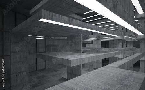 Abstract concrete interior with neon lighting. 3D illustration and rendering.