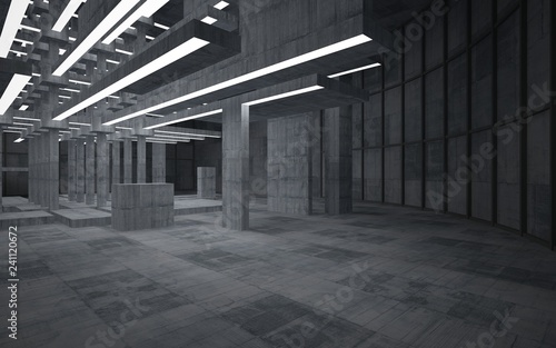 Abstract concrete interior with neon lighting. 3D illustration and rendering.