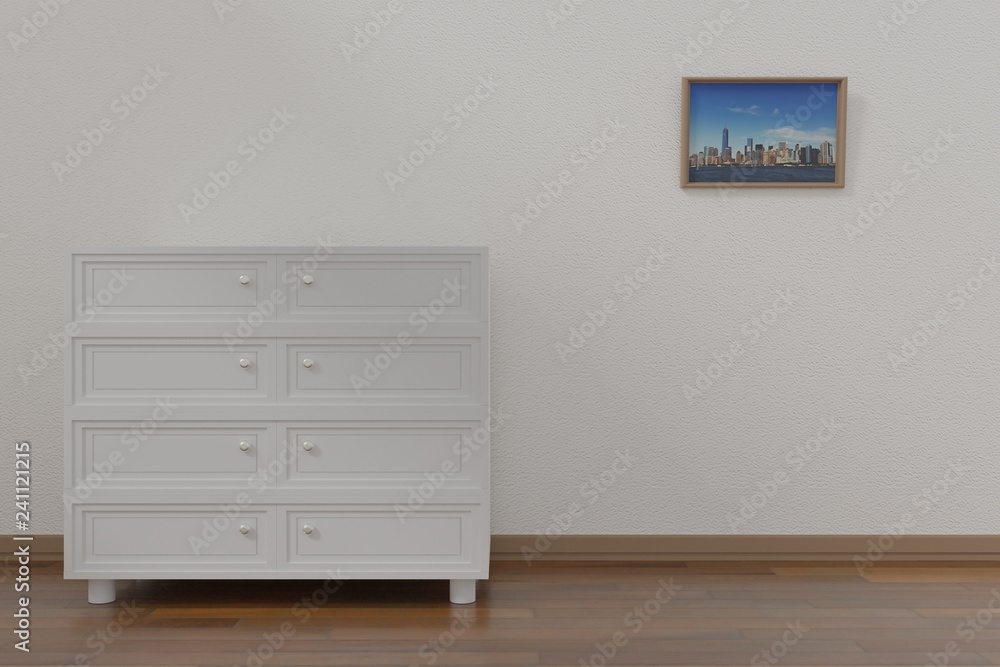 A white drawer in the neat room with a painting A white drawer in the neat room with a painting
