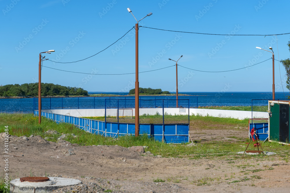 The outdoor area for the game of hockey in the summer on Solovki Island. Solovetsky archipelago, Arkhangelsk Region, Russia