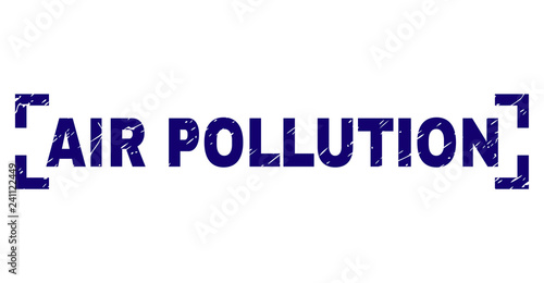 AIR POLLUTION text seal print with corroded style. Text label is placed inside corners. Blue vector rubber print of AIR POLLUTION with scratched texture.