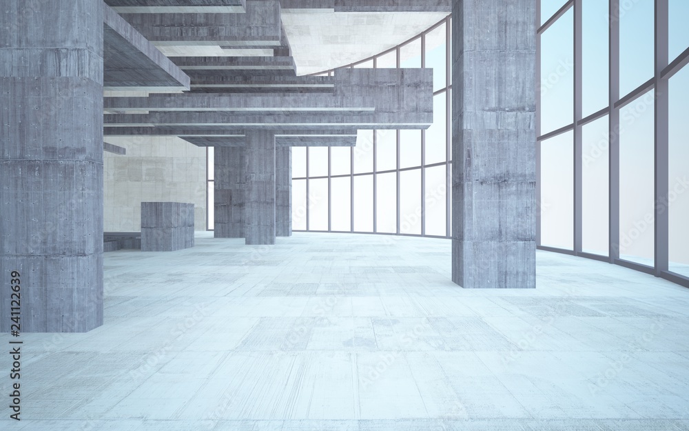 Obraz premium Abstract white and brown concrete interior multilevel public space with window. 3D illustration and rendering.