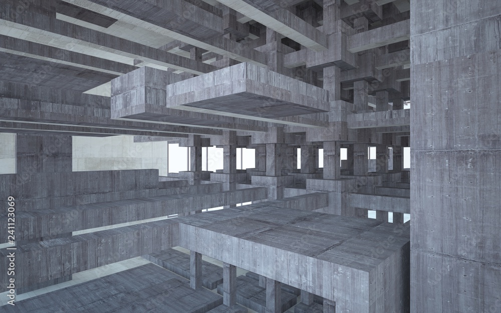 Abstract white and brown concrete interior multilevel public space with window. 3D illustration and rendering. Abstract white and brown concrete interior multilevel public space with window. 3D illustration and rendering.