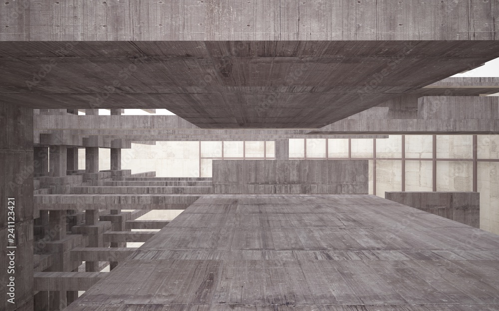 Abstract white and brown concrete interior multilevel public space with window. 3D illustration and rendering. Abstract white and brown concrete interior multilevel public space with window. 3D illustration and rendering.