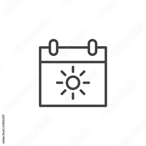 Summer day calendar outline icon. linear style sign for mobile concept and web design. Calendar with sun simple line vector icon. Symbol, logo illustration. Pixel perfect vector graphics