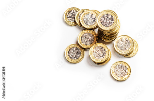 Stack of UK money, pound coins