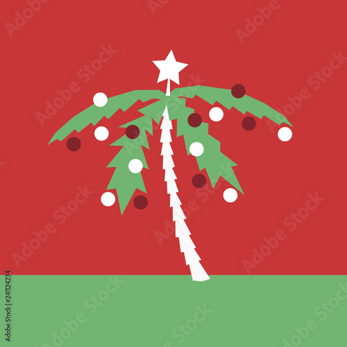 Palm tree as decorated tropic christmas tree - decorated plant for xmas. Branches are ornamented and adorned by bauble and star. Red background. Vector illustration