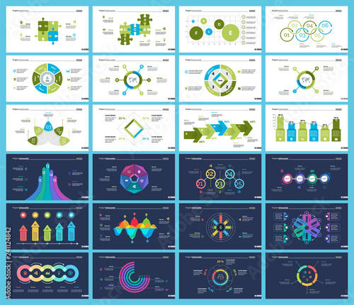 Business inforgraphic slide design set can be used for presentations, annual report, web design. Management concept. Process, option, comparison graphs, area chart, flowchart, donut diagram