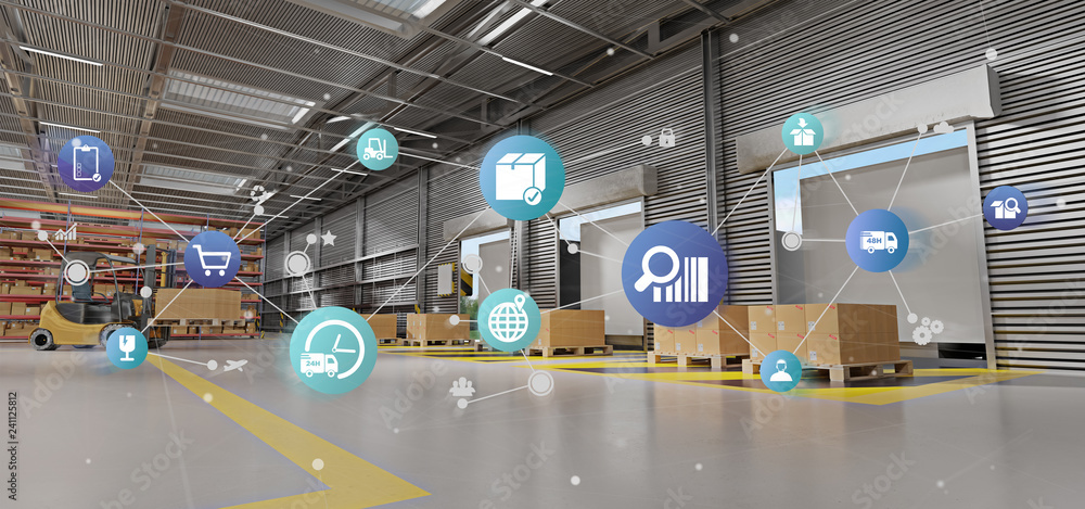 Logistic organisation on a warehouse background 3d rendering - obrazy, fototapety, plakaty 