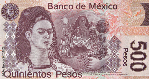 Mexican 500 peso (2010) bill, Frida Kahlo. Mexico money currency close up.