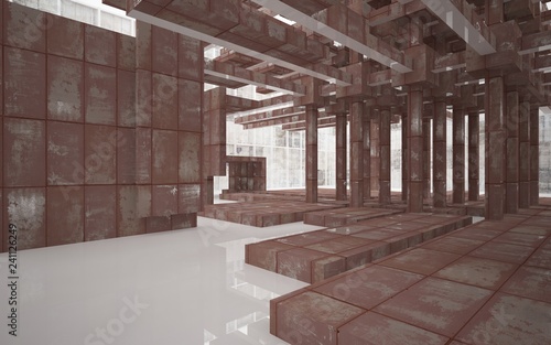 Fototapeta Naklejka Na Ścianę i Meble -  Empty abstract room interior of sheets rusted metal and beige concrete. Architectural background. 3D illustration and rendering