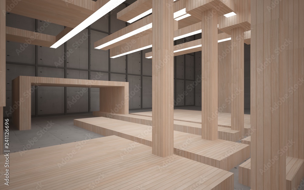 Fototapeta premium Abstract concrete and wood interior multilevel public space with neon lighting. 3D illustration and rendering.