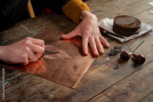 Etching, burin technique, tools