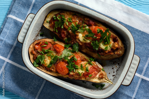 Oven roasted stuffed eggplants with tomatoes and mozzarella. 