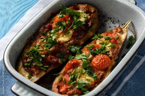 Oven roasted stuffed eggplants with tomatoes and mozzarella. 
