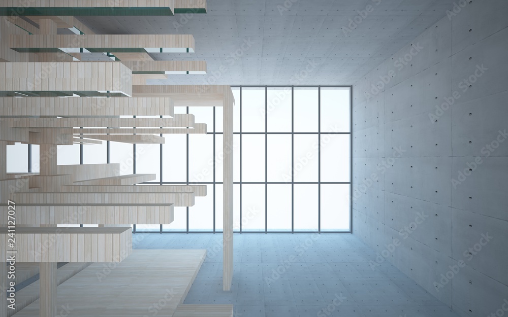 Obraz premium Abstract interior of wood, glass and concrete. 3D illustration. rendering 