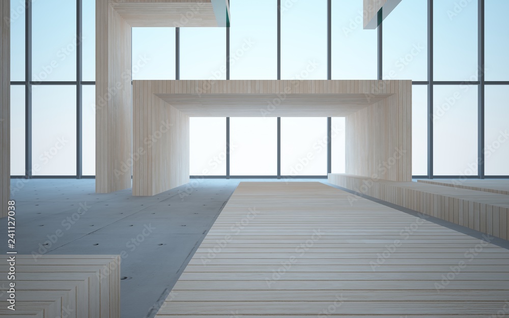 Fototapeta premium Abstract interior of wood, glass and concrete. 3D illustration. rendering 