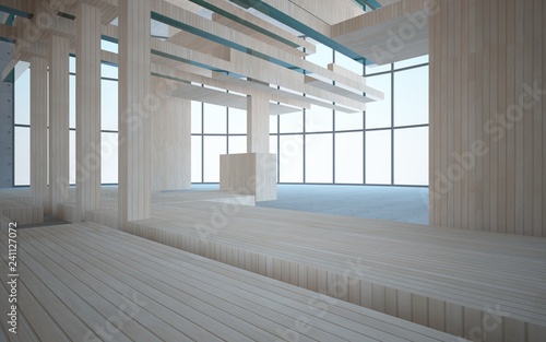 Abstract interior of wood, glass and concrete. 3D illustration. rendering 