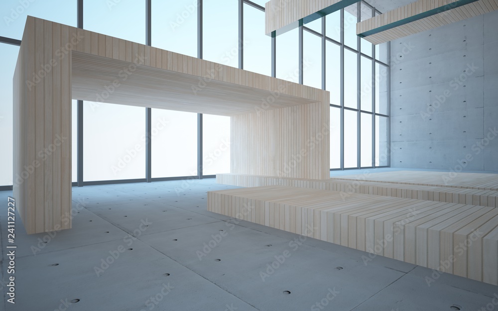Obraz premium Abstract interior of wood, glass and concrete. 3D illustration. rendering 