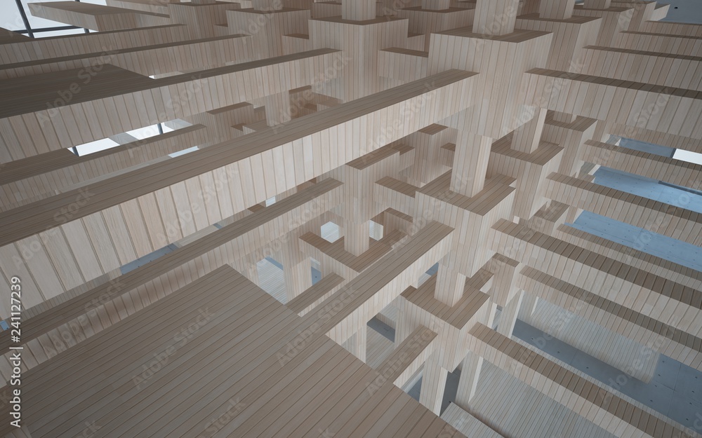 Naklejka premium Abstract interior of wood, glass and concrete. 3D illustration. rendering 