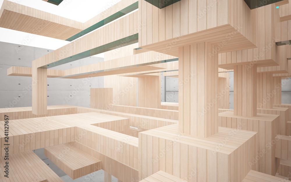 Abstract interior of wood, glass and concrete. 3D illustration. rendering Abstract interior of wood, glass and concrete. 3D illustration. rendering