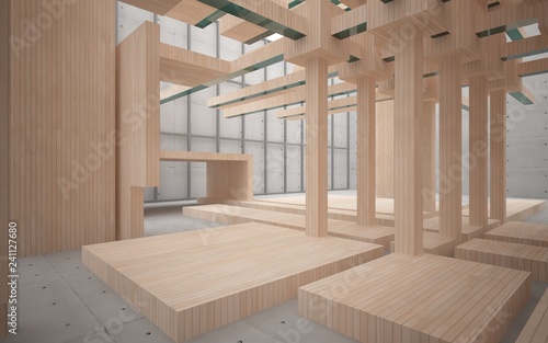 Abstract interior of wood, glass and concrete. 3D illustration. rendering 