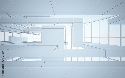 Abstract white interior highlights future. Polygon drawing. Architectural background. 3D illustration and rendering