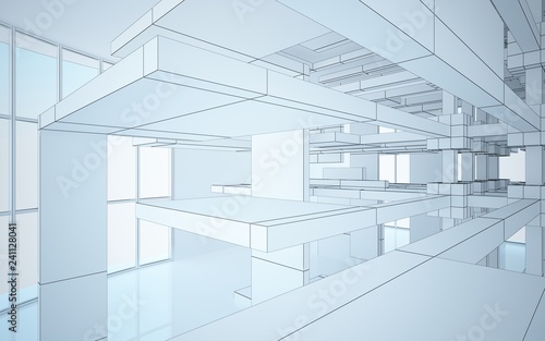 Abstract white interior highlights future. Polygon drawing. Architectural background. 3D illustration and rendering