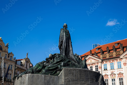 The historical Jan Hus Memorial unveiled in 1915 at Old Town Square in Prague