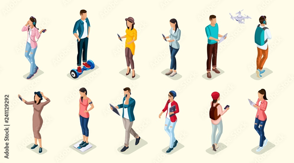 Trendy Isometric people and gadgets, teenagers, young people, students, using hi tech technology, mobile phones, pad, laptops, make selfie, smart watches