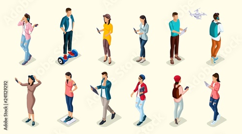 Trendy Isometric people and gadgets  teenagers  young people  students  using hi tech technology  mobile phones  pad  laptops  make selfie  smart watches