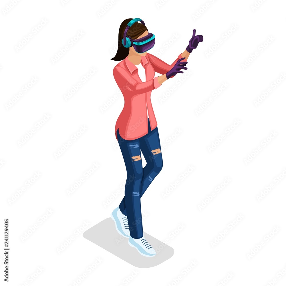 Trendy Isometric people and gadgets, a teenager, a young girl, student, uses hi tech technology, play, virtual world, virtual reality goggles, earphones, gloves isolated Trendy Isometric people and gadgets, a teenager, a young girl, student, uses hi tech technology, play, virtual world, virtual reality goggles, earphones, gloves isolated