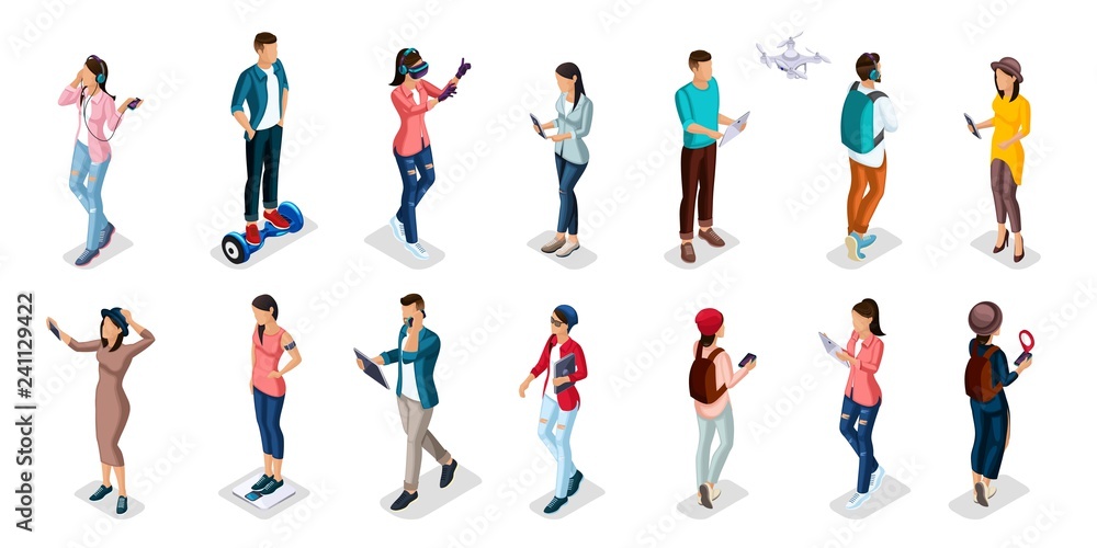Trendy Isometric people and gadgets, teenagers, young people, students, using hi tech technology, mobile phones, pad, laptops, make selfie, smart watches, virtual games, navigators isolated
