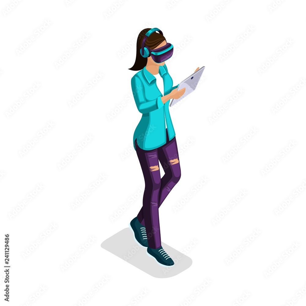 Trendy Isometric people and gadgets, a teenager, a young girl, student, uses hi tech technology, phone, pad, play, virtual reality, virtual glasses isolated Trendy Isometric people and gadgets, a teenager, a young girl, student, uses hi tech technology, phone, pad, play, virtual reality, virtual glasses isolated