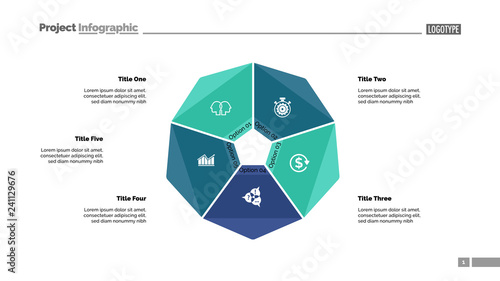 Cycle diagram with five options. Option chart, segments, slide template. Creative concept for infographics, presentation, project, report. Can be used for topics like business, startup, investment