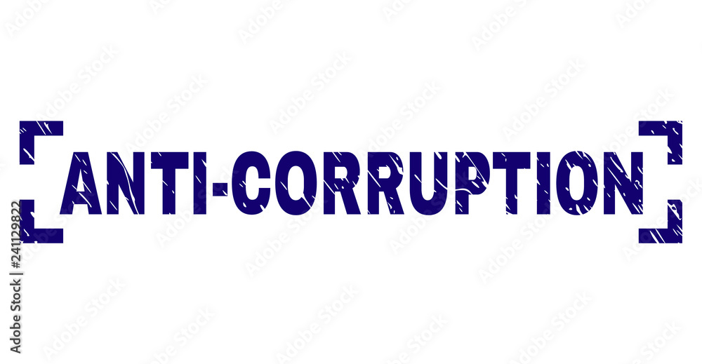ANTI-CORRUPTION tag seal print with corroded texture. Text title is placed inside corners. Blue vector rubber print of ANTI-CORRUPTION with dirty texture.