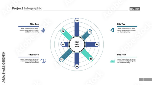 Eight columns radial bar chart slide template. Business data. Option, financial, design. Concept for infographic, presentation, report. Can be used for topics like marketing, finance, statistics.