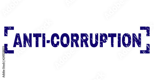 ANTI-CORRUPTION tag seal print with corroded texture. Text title is placed inside corners. Blue vector rubber print of ANTI-CORRUPTION with dirty texture.